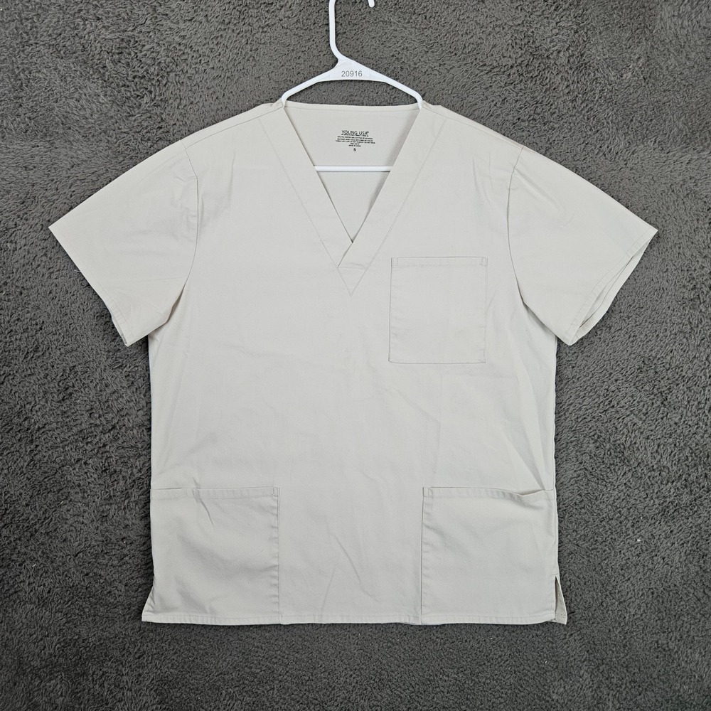 Young‎ USA Mens V-Neck Scrub Top Beige Khaki Short Sleeve Small